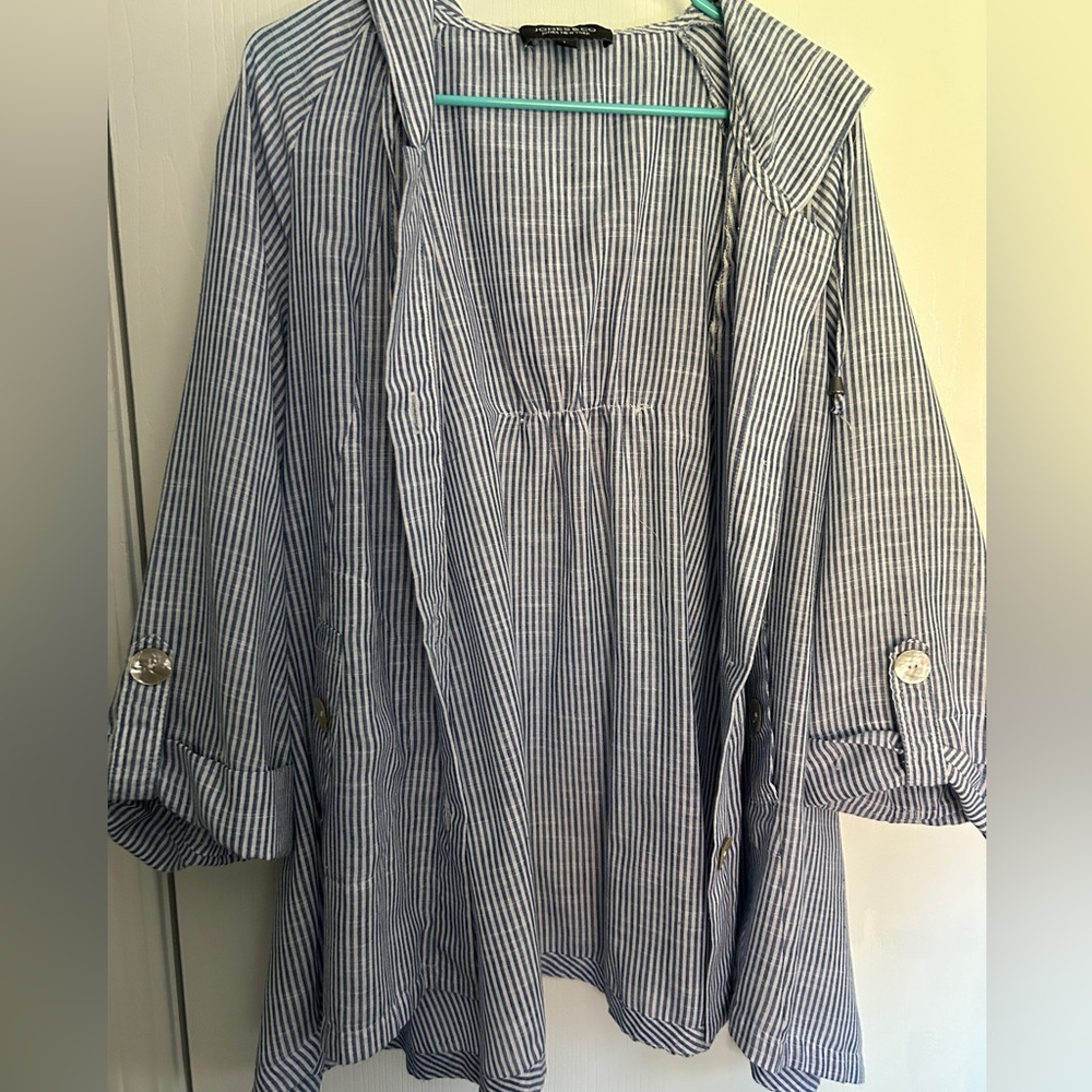 Blue and white striped swing coat with a hood